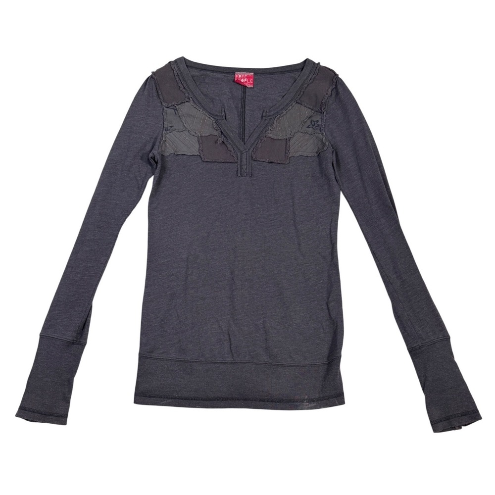 Free People Charcoal Gray Patchwork Henley Long Sleeve Top Small Snap Cuffs - Picture 2 of 10